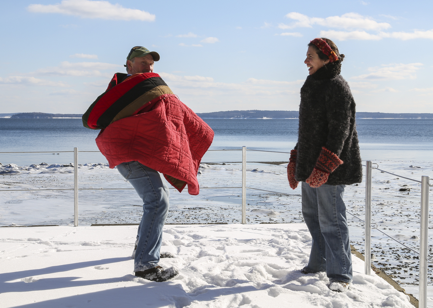 The snow is crunchy, the gulls are screaming and we can't stop laughing.